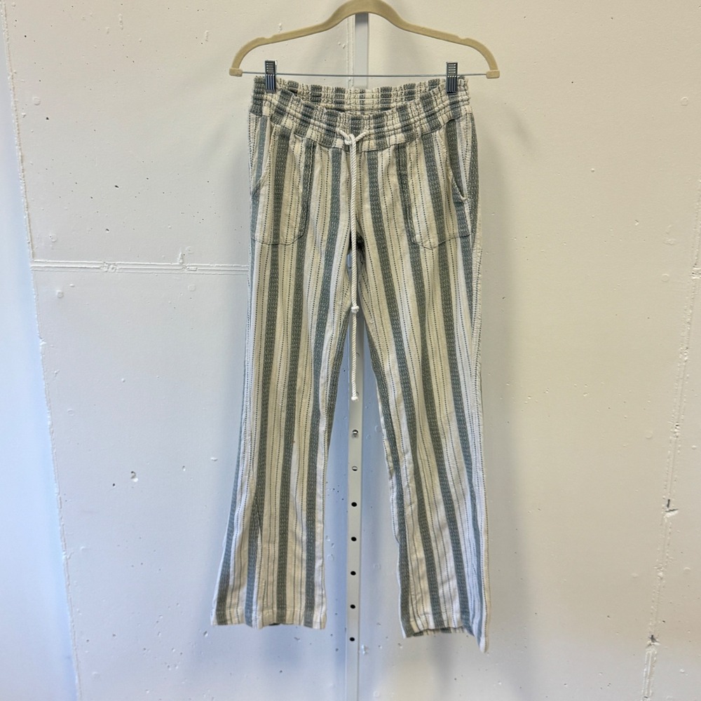 Roxy Striped Cotton Beach Pants Elastic Waist Size Medium Gray White Summer Boho
